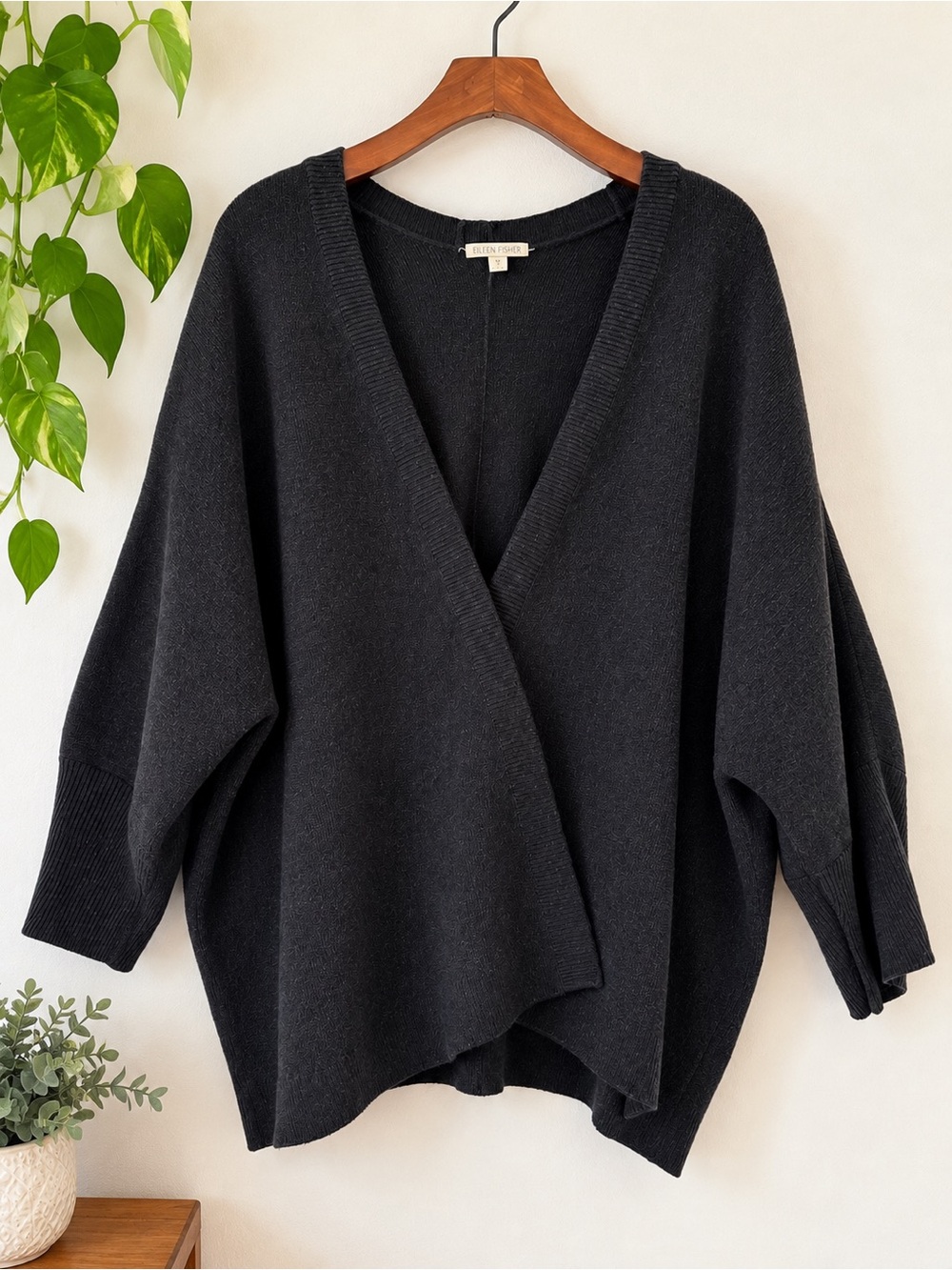 Eileen Fisher 100% Organic Cotton Oversized V Neck Sweater M Charcoal Black